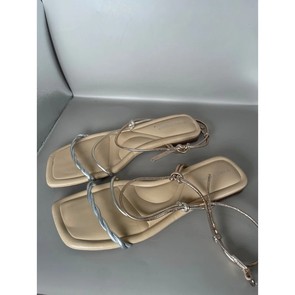 Marc Fisher Womens 8M Mixed Metal Strappy Square Toe Flat Sandals Gold Silver